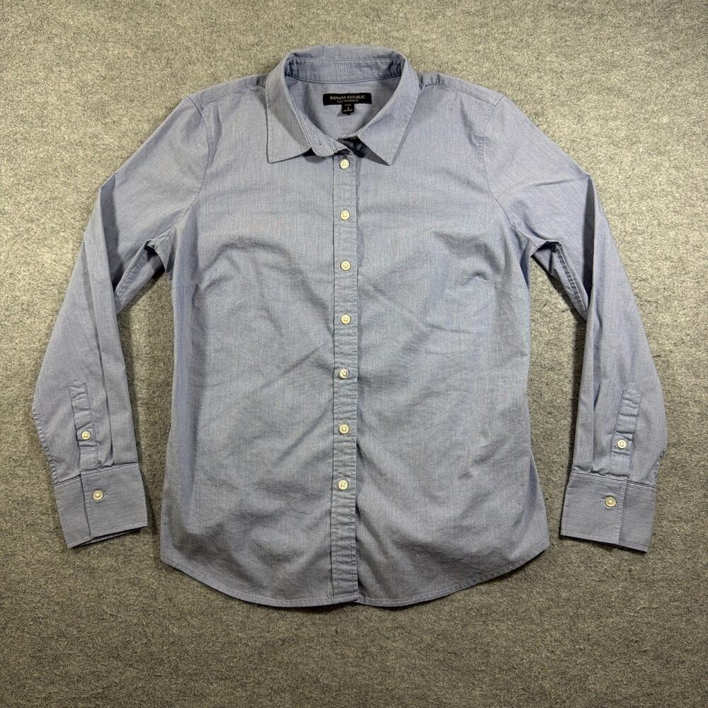 Banana Republic Riley Button Down Shirt Womens 4 Petite Blue Chambray Tailored